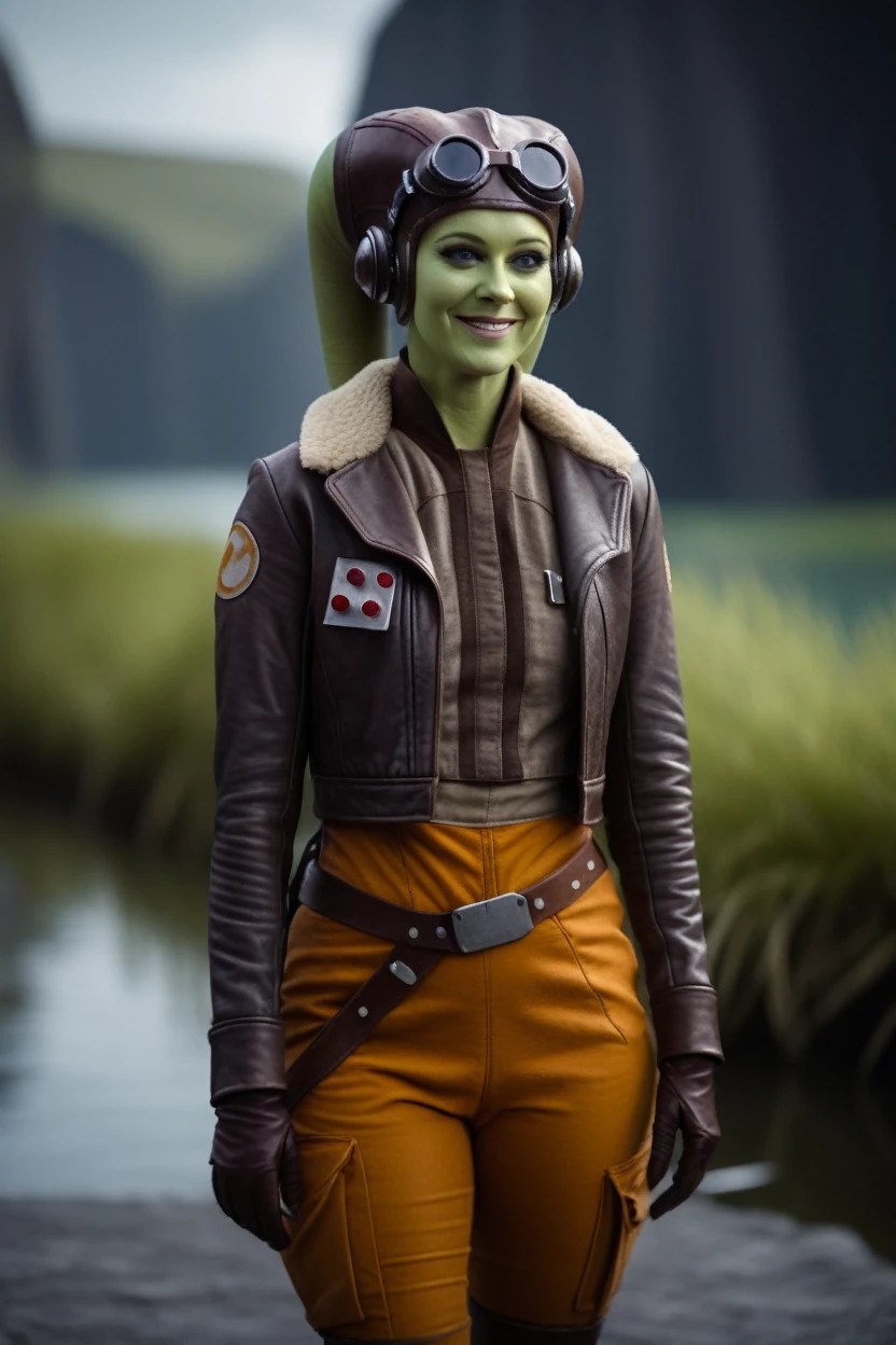 cinematic film still hera syndulla, (green skin:1.2), grin at canal, full body shot, highly detailed environment . shallow depth of field, vignette, highly detailed, high budget Hollywood movie by baz luhrmann, bokeh, cinemascope, moody, epic, gorgeous, film grain, grainy