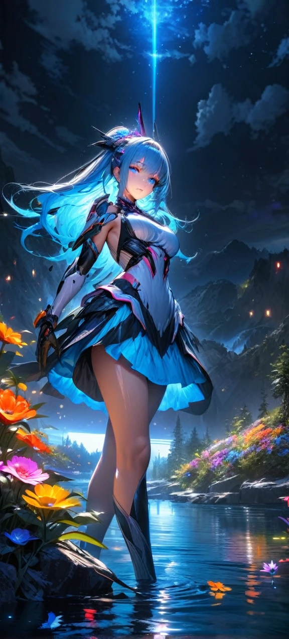 High quality, ultra realistic,absurdres, highres, ultra detailed, HDR, masterpiece, extremely detailed , beautiful colorful flowers , light blue lake , glowing , beautiful long closed dress Mecha girl on lake , night,