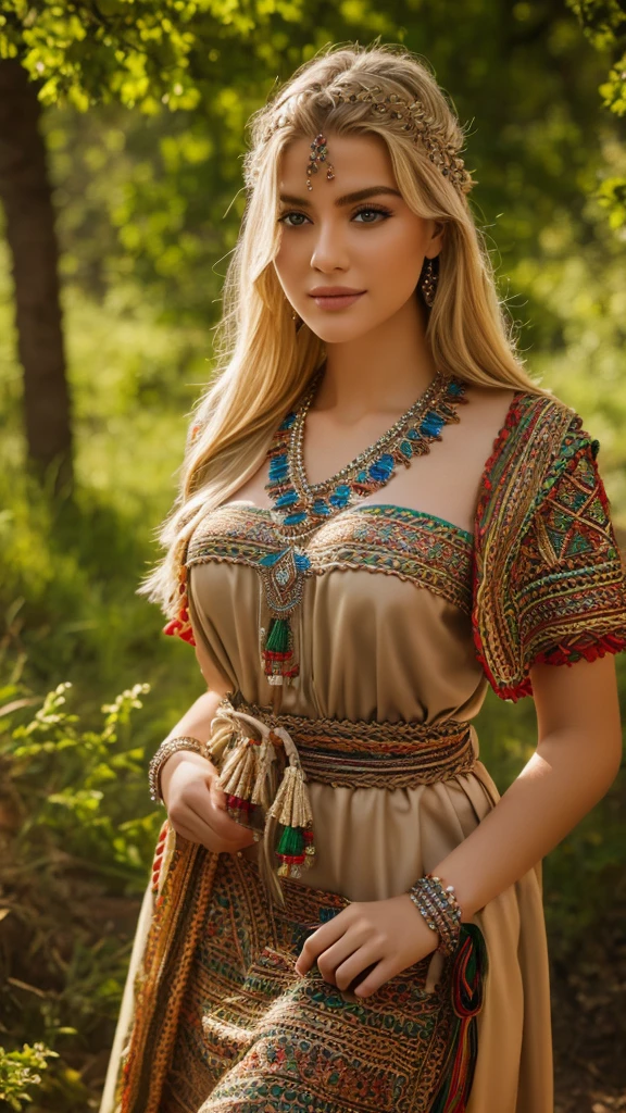 Most beautiful german blonde lady, wearing kabyle robe, kabyledress, amazigh, berber, kabyleoitfits, bijoux, nature background, realistic,4k, professional