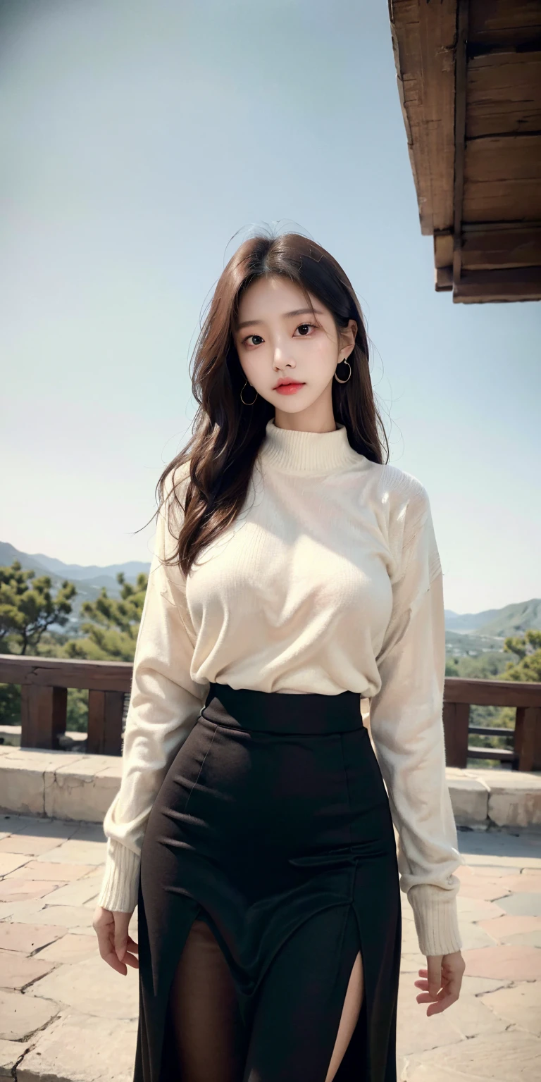 ((masterpiece: 1.4, 最high quality))+,(Super detailed)+, Official Art, unity 8k wallpaper, Super detailed, beautiful, high quality, beautiful, masterpiece, 最high quality, whole body, Melancholy eyes, Completely naked,masterpiece, high quality, 8,000 people, beautiful 조명, Korean Girl Group Idol No.1, alone, Brown eyes, middle_hair, White shirt, ivory sweater , Grey Silk Skirt, Outdoor, Cowboy Shot, View your viewers, 골든 브라운 hair,Colorful earrings