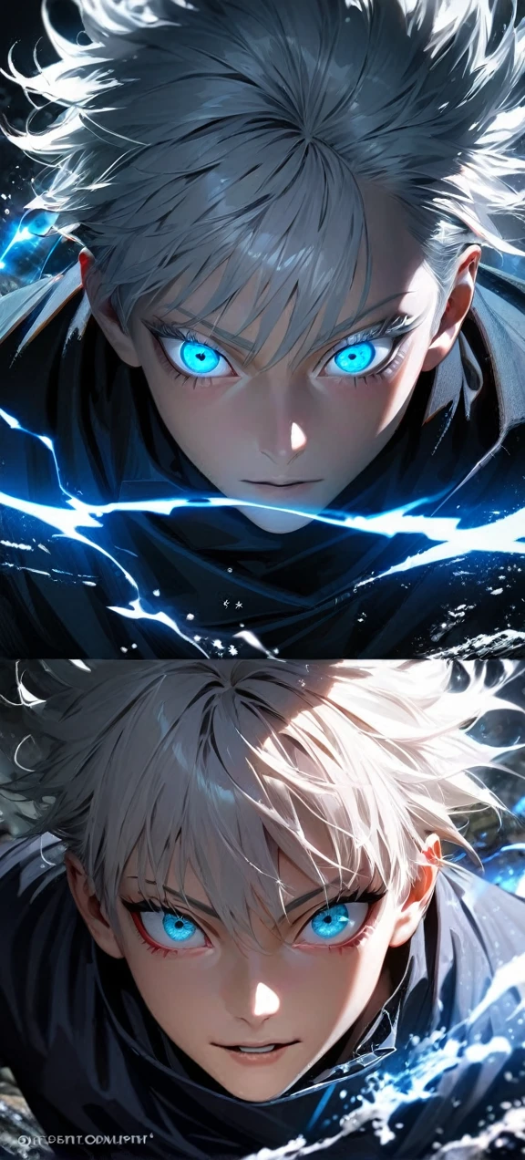  High quality, ultra realistic,absurdres, highres, ultra detailed, HDR, masterpiece, extremely detailed face and eyes,  Gojo satoru , jujutsu kaisen,, white hair ,black shirt , solo, ,man, handsome, ,white eyeleshes, blue eyes , Epic fight scene, blue splashing effect,blue lightning  effect,glowing glitters , close up,cool eyes, symetrical 