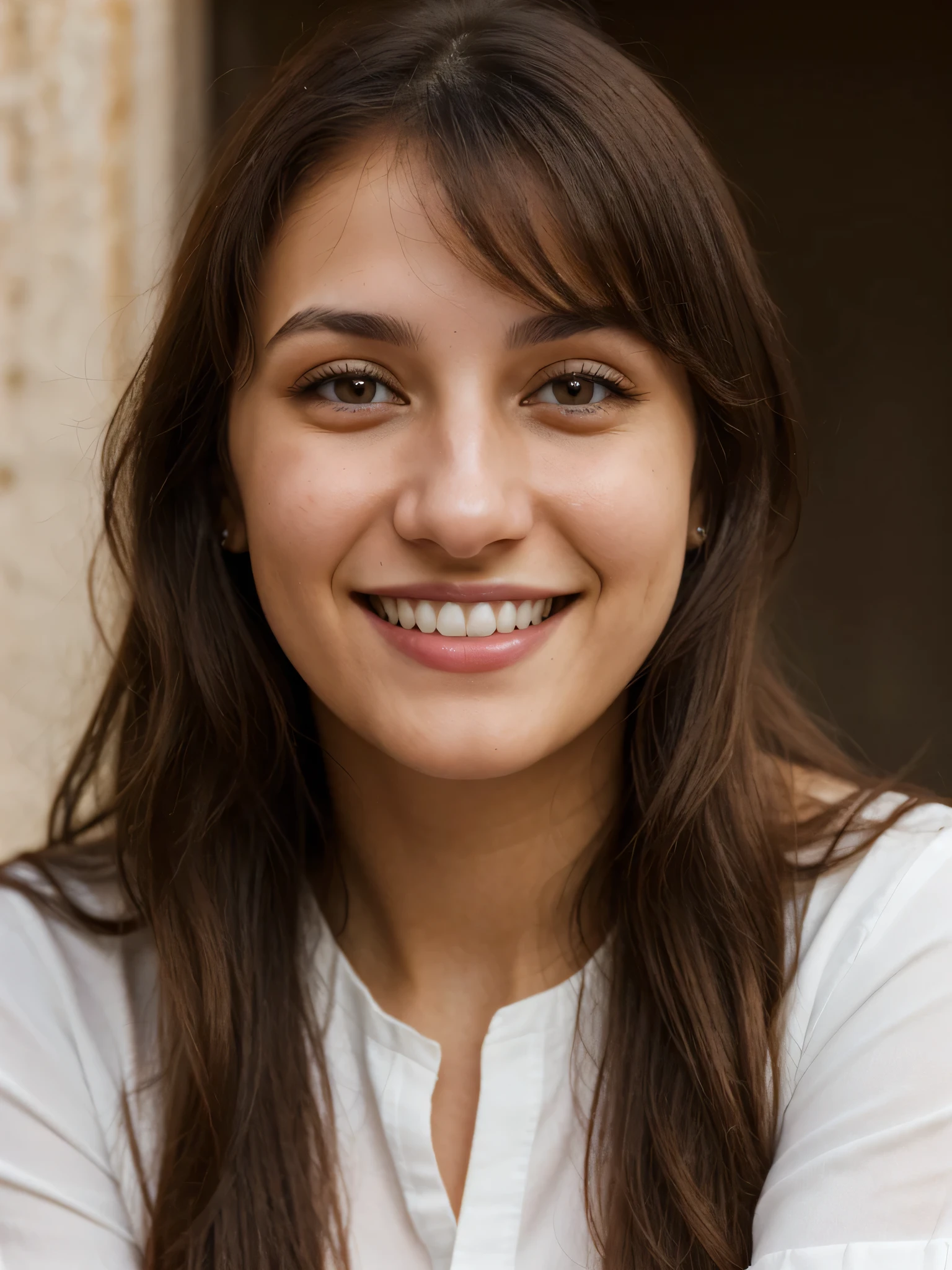 24YO, one women, cute smile, white teethes, white skin half Russian half Jordanian, long burnt orange shirt, light brown eyes, small nose, black/brown long hair