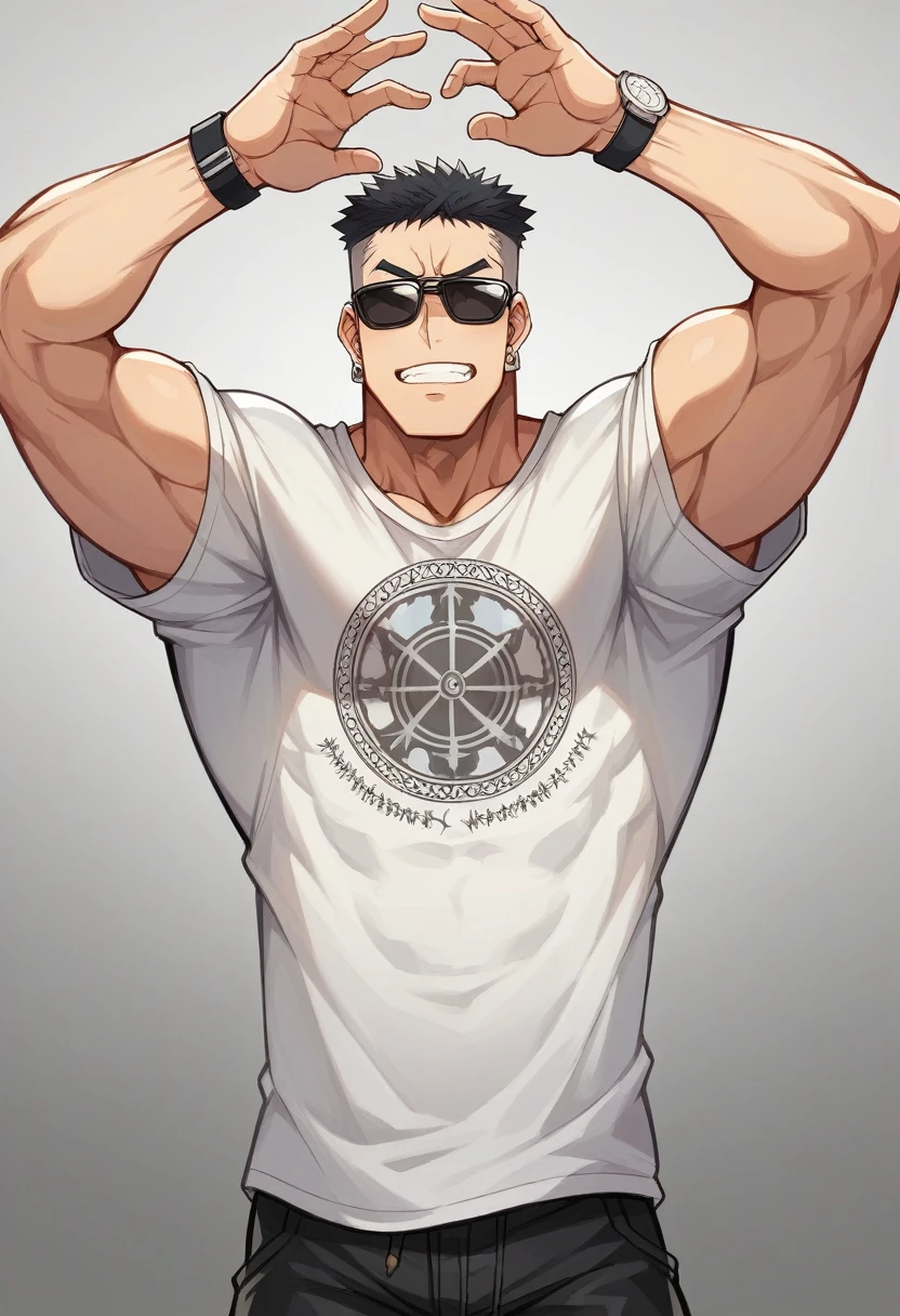 crie  imagem  de Korea  men dongwook   19 anos, strong flashy muscular athletic body, alto, de cabelo fino preto undercutt, covinhas sutis, porcelain skin efeito gloss, Tattooed on his arms, vestindo uma bermuda cargo preta  larga, T-shirt cavada  larga bege com desenho, sunglasses , silver watch,Pose dinâmica  body pose model , signing autographs for fans and paparazzi , In the Diriyah market, there are several stalls selling cultural things in Saudi Arabia, it&#39;s daytime.