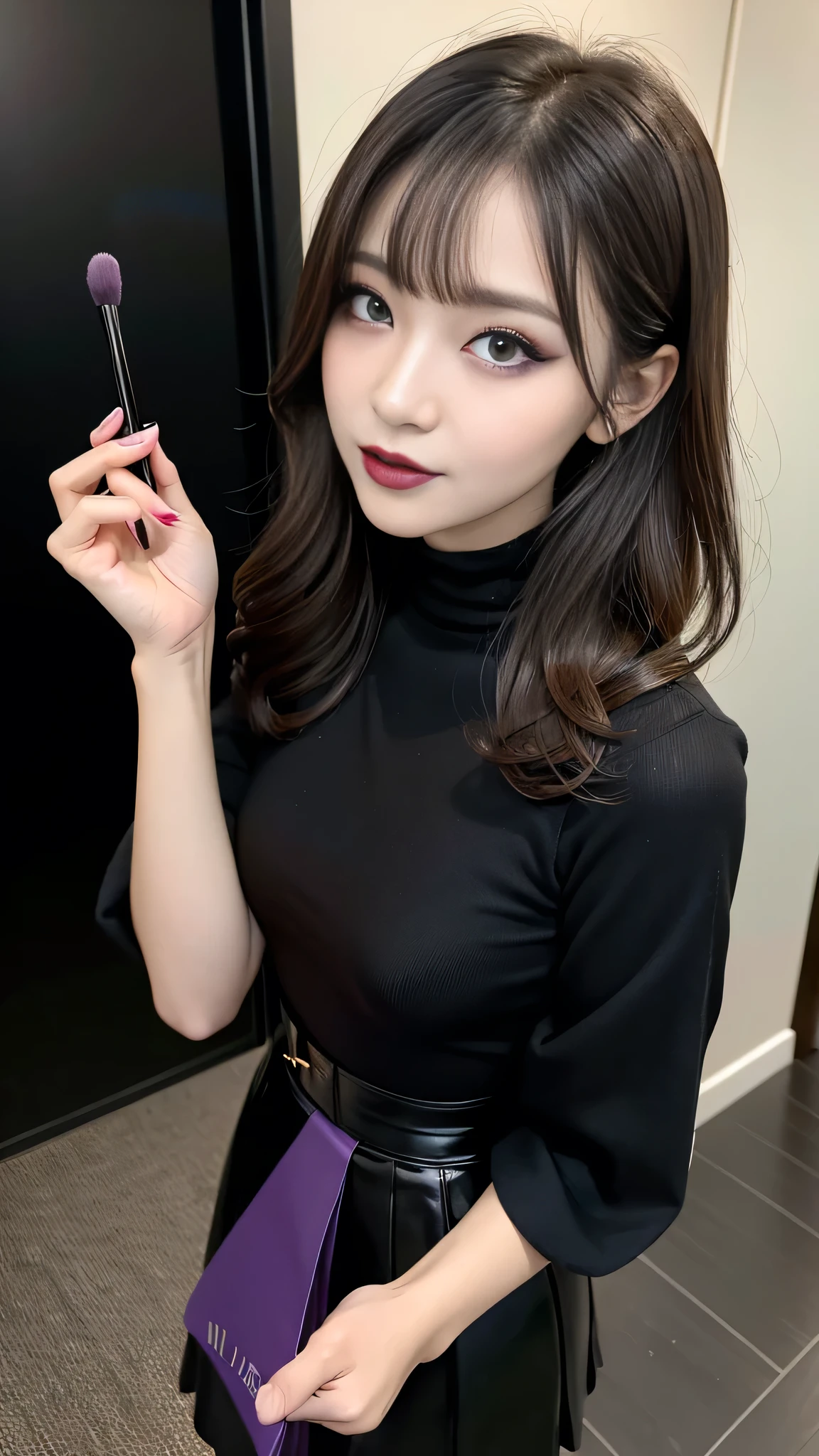 best quality、ultra-detailed、8k、Japanese、Japanese、Seductive beauty、seductive adult woman、Pretty Woman、cool girl、smirk、Wicked Smile、Villainess、brainwash makeup、Brainwashed、brainwash、Fallen into evil、Evil look、evil、Brown hair、wavy hair、swept bangs、dark makeup、piercing eyes、hollow eyes,half-closed eyes、Hollow Eyes、purple Eyeshadow、black lipstick、black lipglos、black elegant dress、wide sleeve、Black flared skirt、skin color hose、stockings、night、inside darkroom、hand hold pantyAre standing、Looking down、Offer、shoot from below、Swear allegiance、I have pledged my allegiance、