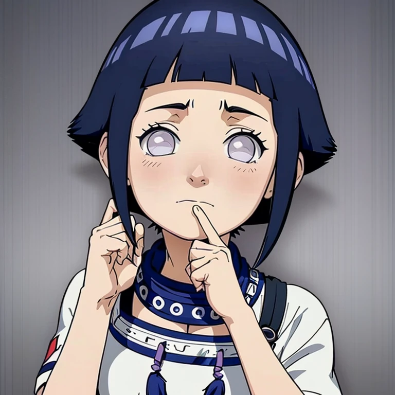 Rico em detalhes, rosto detalhado, cabelo detalhado, olho detalhado, bochecha fofa, with your hand on your cheek. with shy expression, Hinata 
