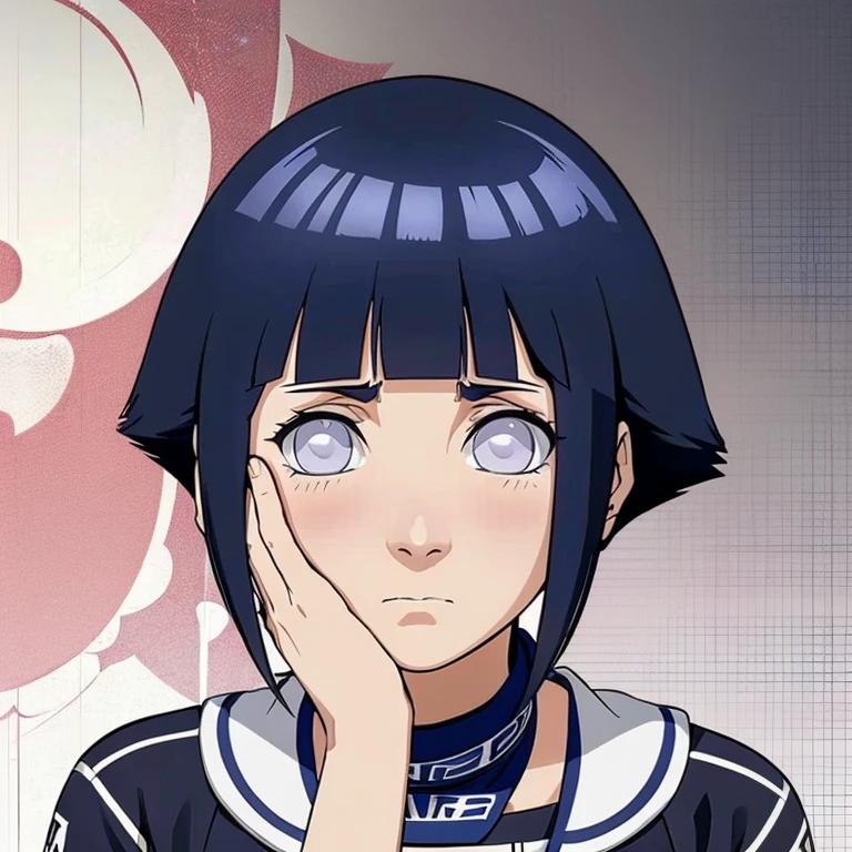 Rico em detalhes, rosto detalhado, cabelo detalhado, olho detalhado, bochecha fofa, with your hand on your cheek. with shy expression, Hinata 
