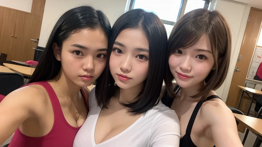 Indonesian girl 17-year-old Hairstyle Casual, F Cup Breasts wearing casual uptown and selfie with her friend at class