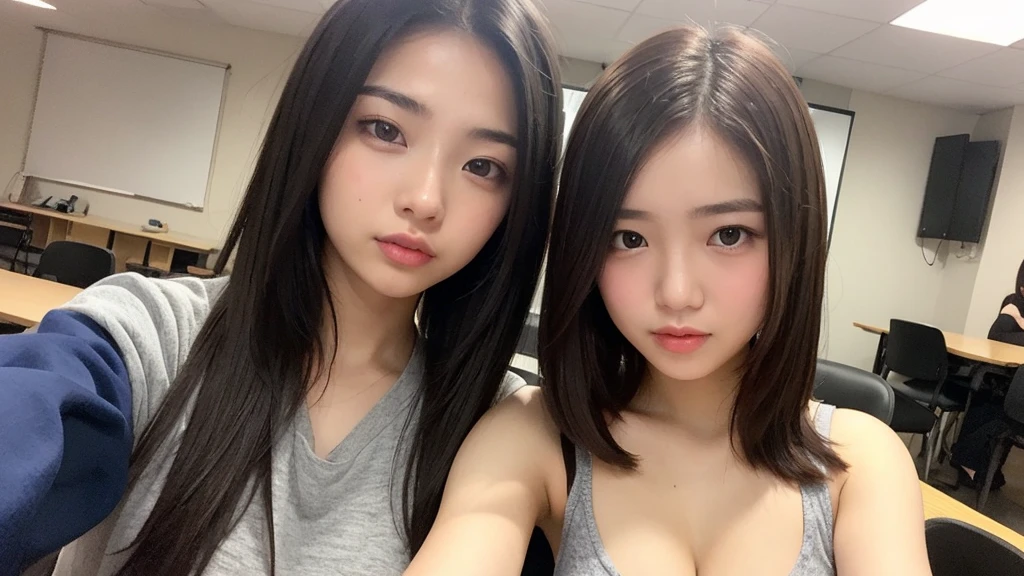 Indonesian girl -yeld  Hstyle Casual, F Cup Breasts  wearing casual uptown   and selfie with her friend at class 