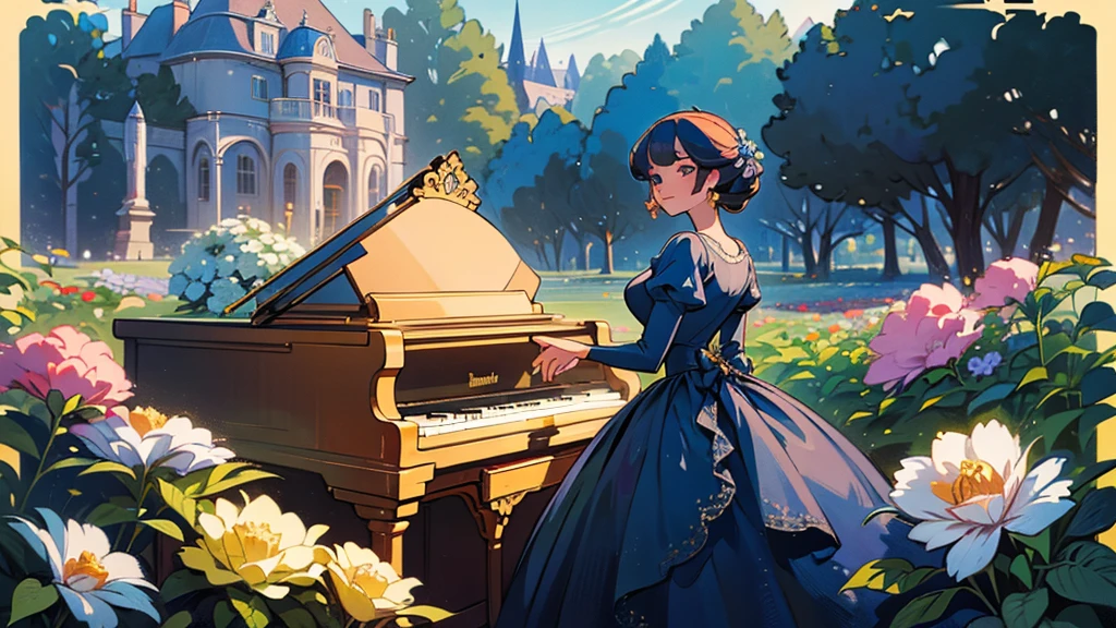 A beutiful realistic scene of a haughty lady in a blue old fashioned dress; lady perfect eyes, lady perfect face, lady perfect hands; the background is large and vintage, a ancient house with a golden piano and a lot of flowers; masterpiece; ultra hd, 4k