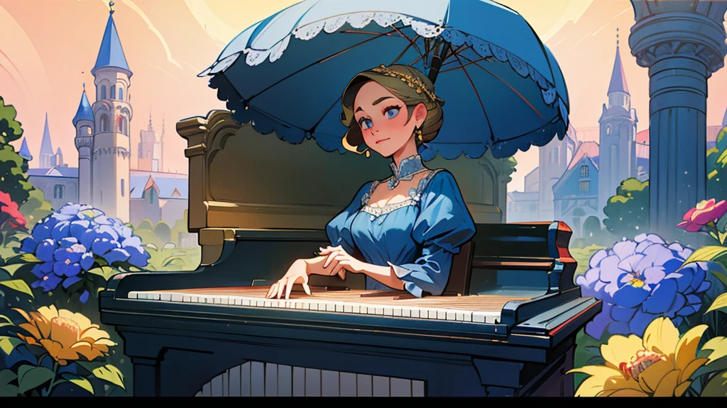 A beutiful realistic scene of a haughty lady in a blue old fashioned dress; lady perfect eyes, lady perfect face, lady perfect hands; the background is large and vintage, a ancient house with a golden piano and a lot of flowers; masterpiece; ultra hd, 4k