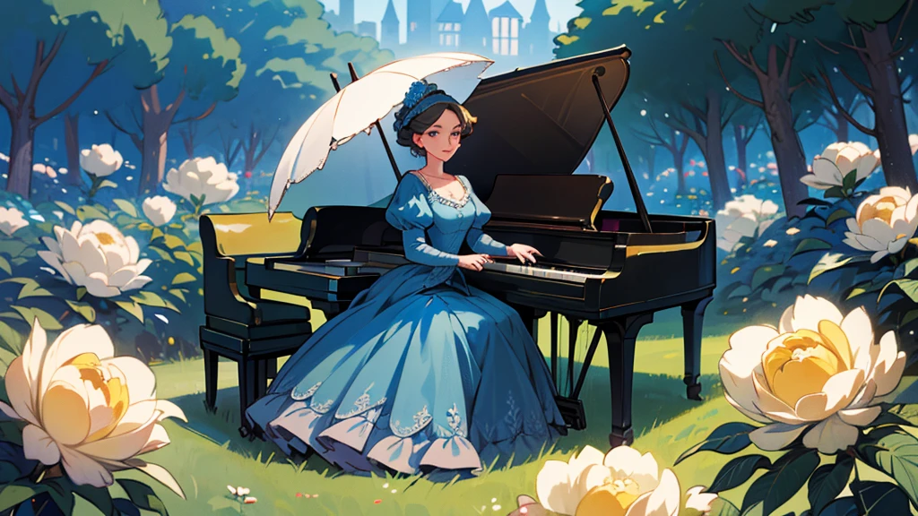 A beutiful realistic scene of a haughty lady in a blue old fashioned dress; lady perfect eyes, lady perfect face, lady perfect hands; the background is large and vintage, a ancient house with a golden piano and a lot of flowers; masterpiece; ultra hd, 4k