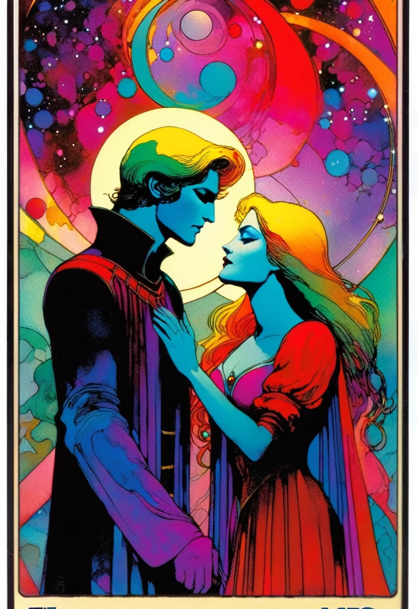 tarot card, a card, card : "THE LOVERS", tarot card frame,vivid colors (art inspired by Bill Sienkiewicz).
