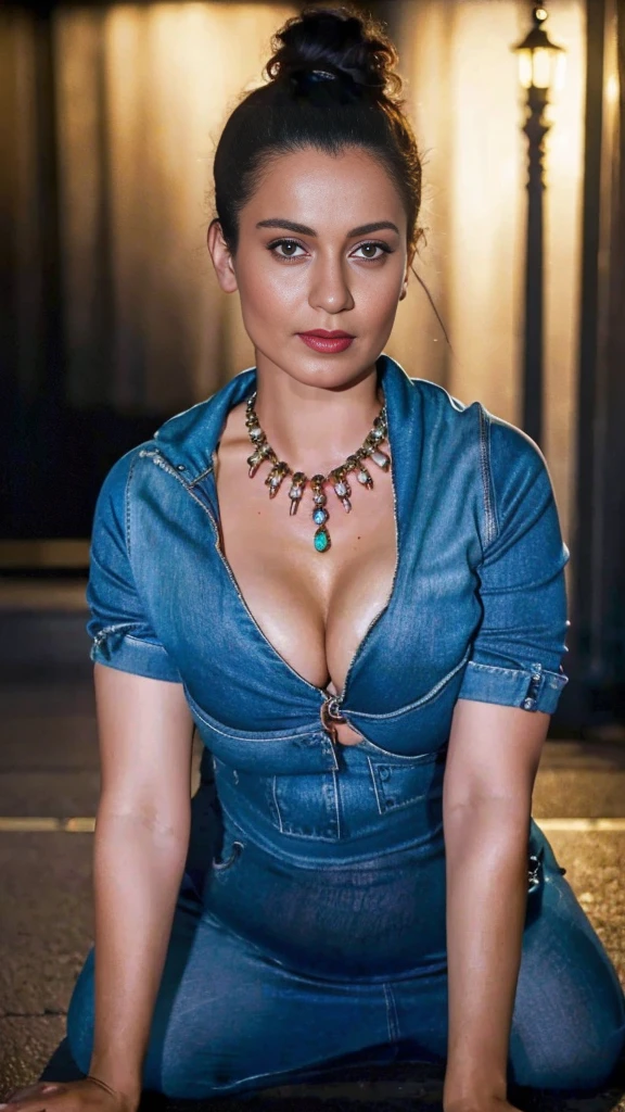 night scene, close up photo of  Kangana Ranaut, curvy, hourglass figure, swooping breasts, seductive eyes, look at viewer, doing push ups on road, necklace, areolas popping out from denim jacket, red lips, sultry, ponytail, (cinematic:1.3), intricate details, (ArtStation:1.2)