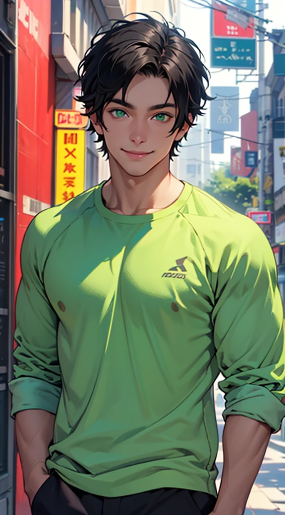 A very handsome white man with short black hair and green eyes is facing me in casual clothes (best quality ultra HD 8K, he is giving a slight smile. The image must show the entire body