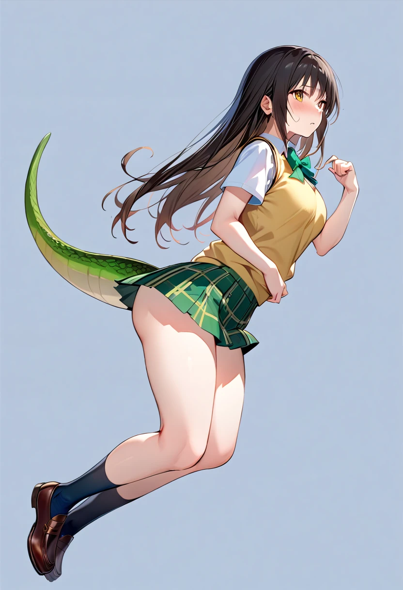 ((masterpiece)), highest quality, Super detailed,(One girl),Yui Kotegawa morphing into lizard, Long Hair,Beautiful background ,((yellow sweater vest, white shirt, short sleeves, green bowtie, plaid miniskirt, green miniskirt, socks, loafers)), chest, Curved body, Look to the side, Worried face,