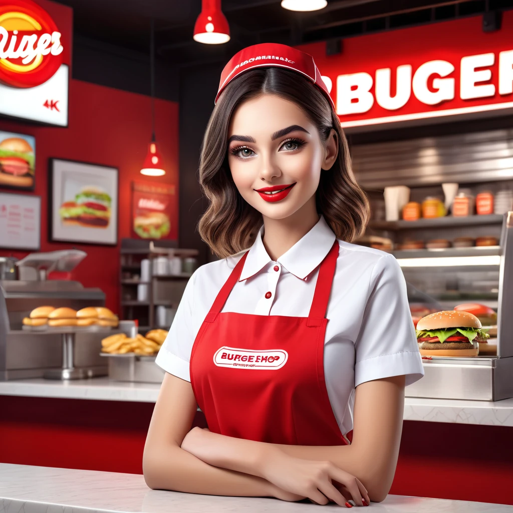 A young and beautiful female cashier in a burger shop uniform, detailed facial features, beautiful detailed eyes, beautiful detailed lips, extremely detailed face, long eyelashes, warm smile, standing behind a counter, wearing a red and white burger shop uniform, name tag on her shirt, burger shop decor in the background, (best quality, 4k, 8k, highres, masterpiece:1.2), ultra-detailed, (realistic, photorealistic, photo-realistic:1.37), vibrant colors, natural lighting, cinematic composition, clean sharp focus