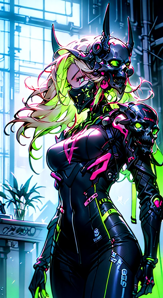 8K,Ultra Detail,ultra-quality,ultra precision,ultimate masterpiece,Girl,big boobs,big Thigh,long twin tail(blond)(innercolor of pink),cool Graffiti on the wall,Cyber punk mask,Theme of Cyber Punk,nude