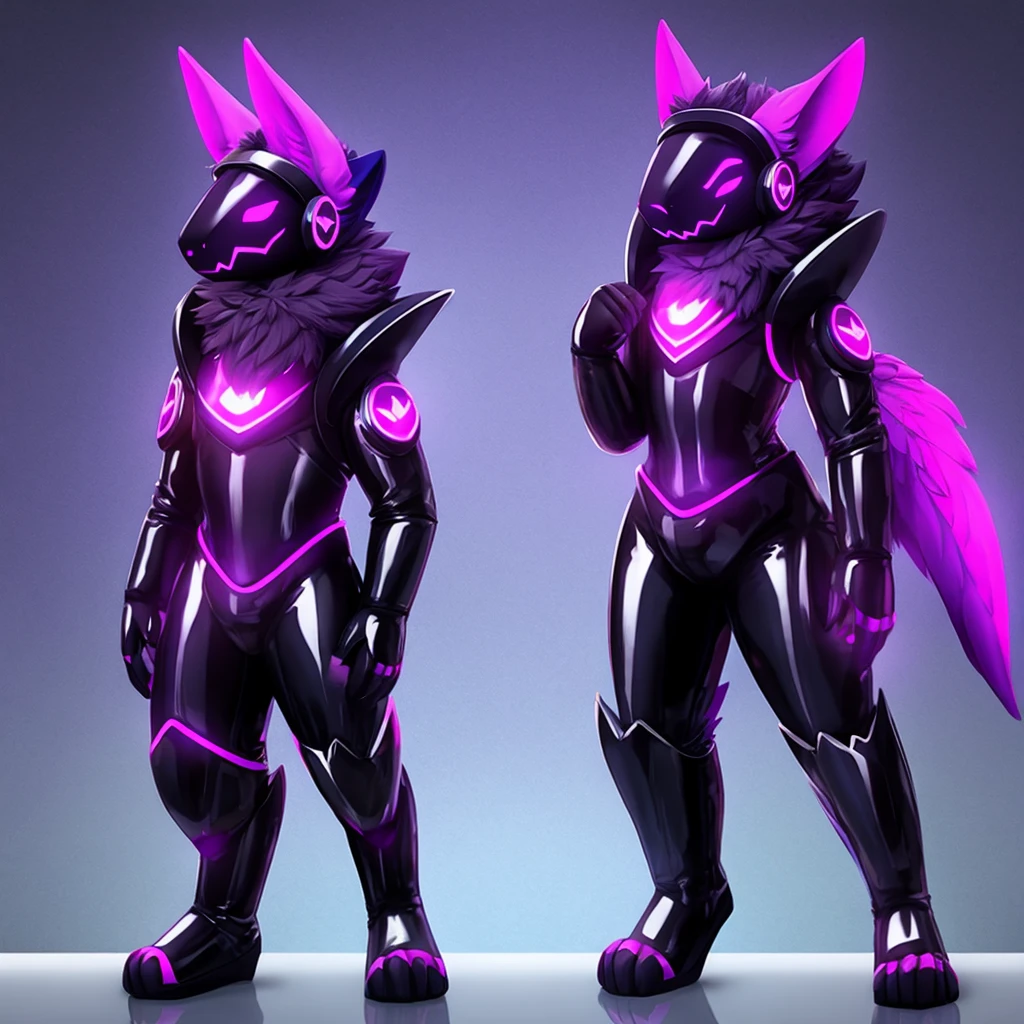 Protogen latex drone standing up with purple lighting 