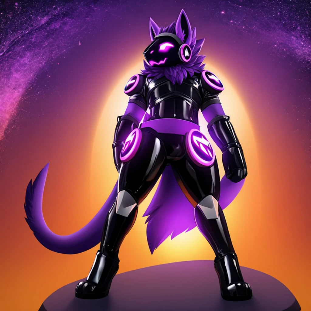 Protogen latex drone standing up with purple lighting 