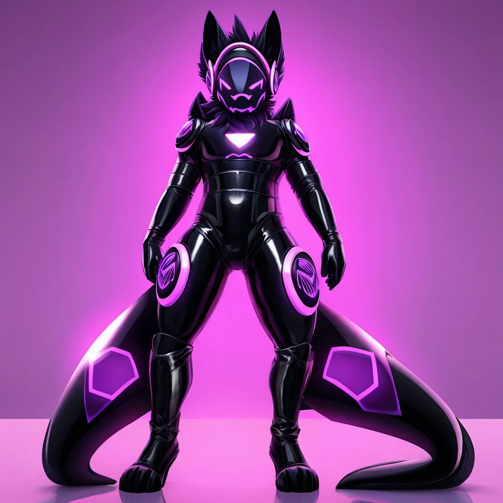 Protogen latex drone standing up with purple lighting 