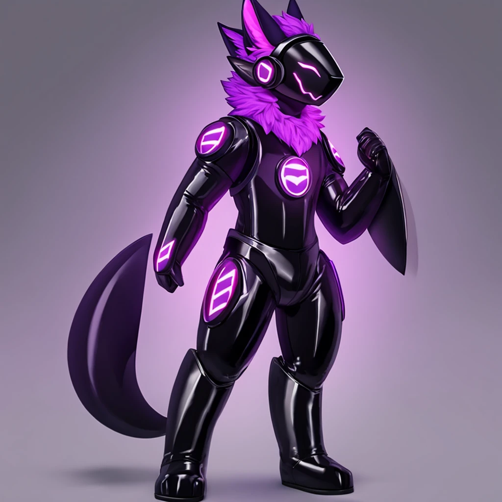 Protogen latex drone standing up with purple lighting 
