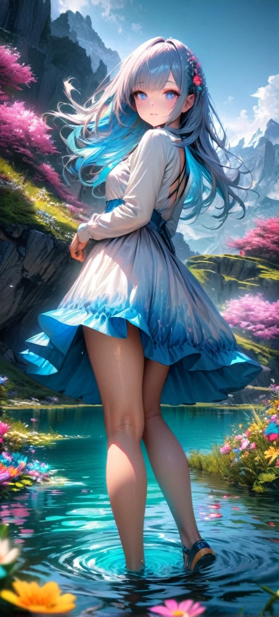 High quality, ultra realistic,absurdres, highres, ultra detailed, HDR, masterpiece, extremely detailed , beautiful colorful flowers , light blue lake , glowing , beautiful long closed dress chibby girl on lake ,