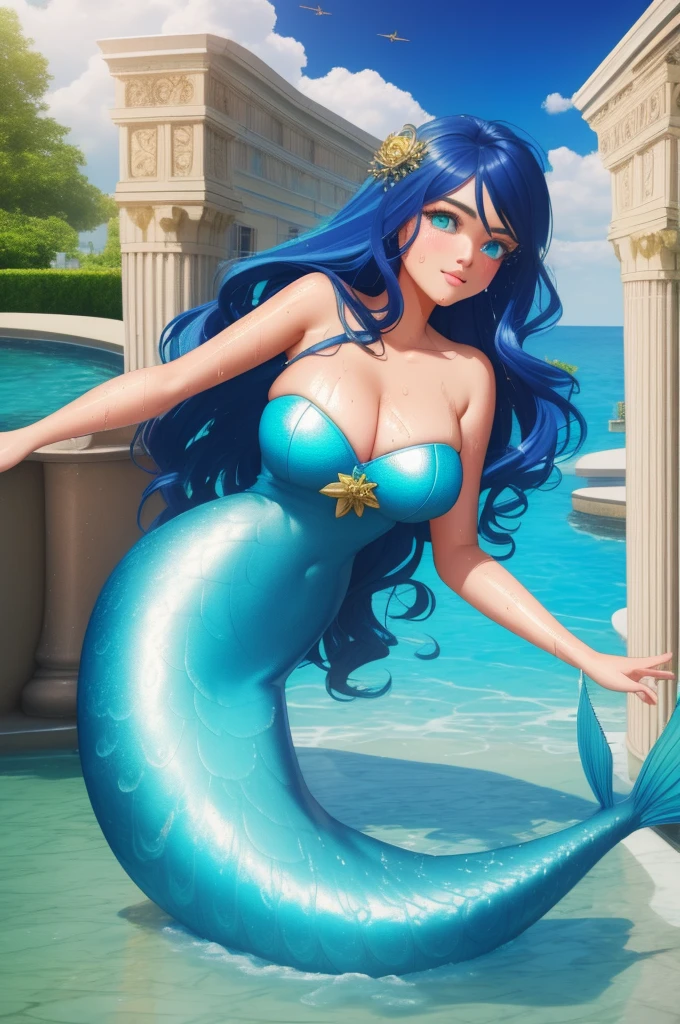 (8k, RAW photo, best quality, masterpiece:1.2), (intricate details), perfect eyes, perfect face, perfect lighting, beautiful, (masterpiece:1.2), (best quality:1.2), 1mermaid, solo, Marinette, blue hair, ((loosen hair, )), adult torso, (wet skin, sweating, dripping, glistening skin,) 19 years old, slight smile, huge sized breasts, (shell top,) 3DMM,