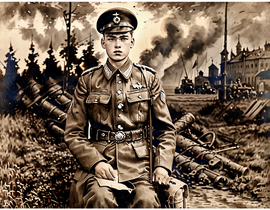 (best quality:1.3), (best performance:1.2), (best illustrations:1.2), (art film lighting:1.2) (1 person), (Highly detailed), (ส่วนสูงที่มีHighly detailed), (very detailed), ( realistic), (extra sharp), (8k), (1 person) 1939, a young man aged 17-18 wears the uniform of an NKVD officer, an Eastern European Slav. , Soviet Union, rank of lieutenant, World War 2