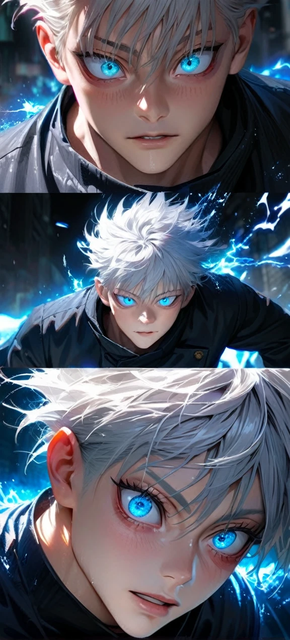  High quality, ultra realistic,absurdres, highres, ultra detailed, HDR, masterpiece, extremely detailed face and eyes,  Gojo satoru , jujutsu kaisen,, white hair ,black shirt , solo, ,man, handsome, ,white eyeleshes, blue eyes , Epic fight scene, blue splashing effect,blue lightning  effect,glowing glitters , close up,cool eyes, symetrical 