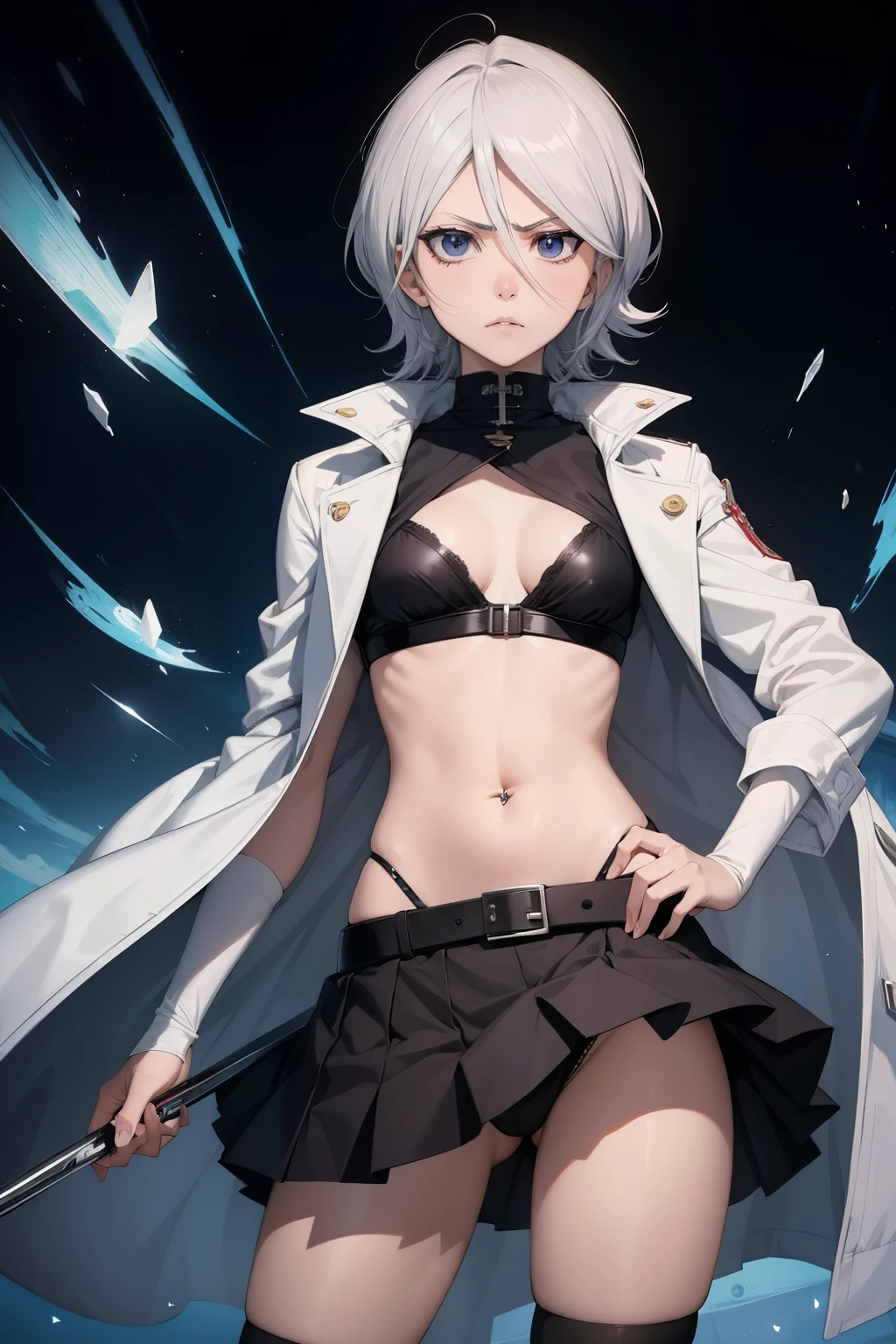 Rukia , 1girl , anime , masterpiece , white color hair,black jaqueta aberta open clothes ,flat chest ,no bra, pantie , long socks, angry face ,menacing , belly button piercing ,garterbelt, katana . moon background.