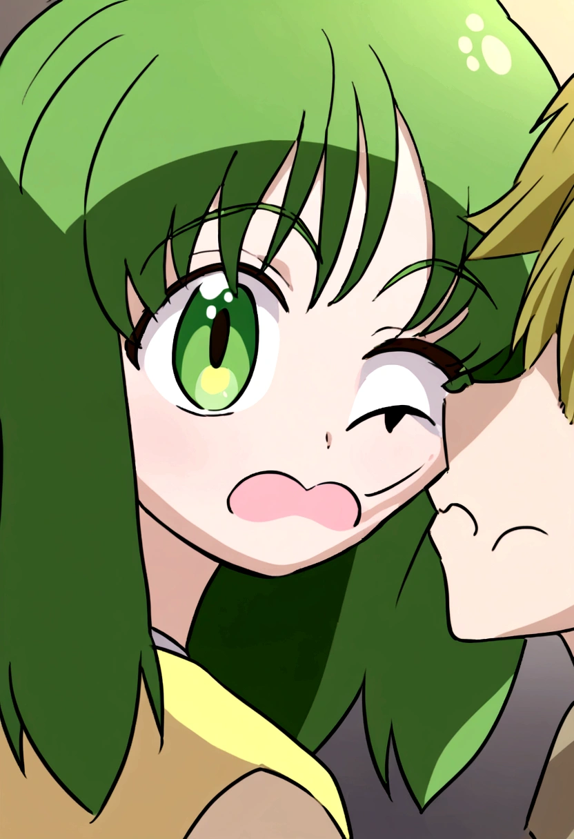 She is a girl with dark green hair and light green eyes., He is in a dark room illuminated by moonlight. Someone else is pulling his cheeks in a playful and tender way.. Lleva una camisa amarilla. (Estilo dibujo anime)