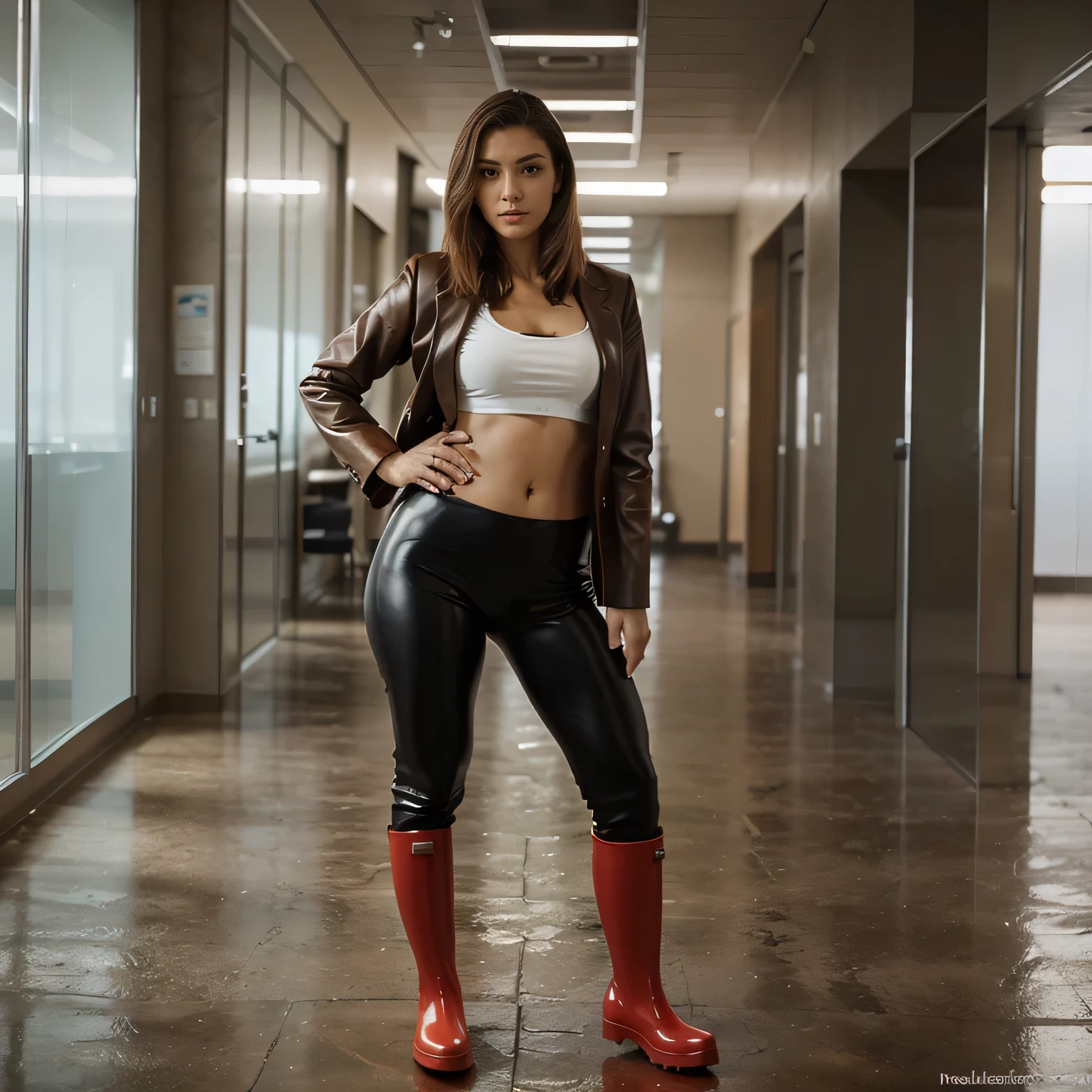 (masutepiece,High quality,16k:1.1),(depth of fields:1.3) ,((front body:1.35)),Russian ,mature Woman, ((business suit, leather leggings, red wellies)),(Looking at Viewer:1.3),(full body shot:1.2),