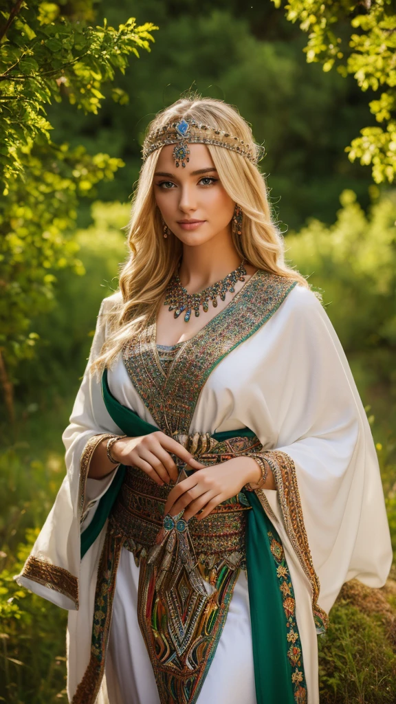 Most beautiful german blonde lady, wearing kabyle robe, kabyledress, amazigh, berber, kabyleoitfits, bijoux, nature background, realistic,4k, professional