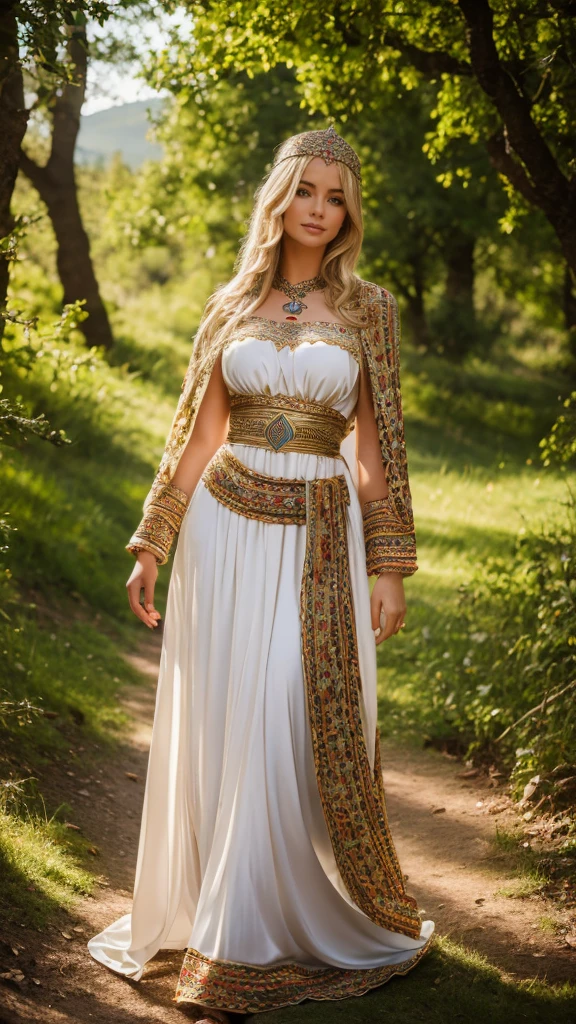Most beautiful german blonde lady, wearing kabyle robe, kabyledress, amazigh, berber, kabyleoitfits, bijoux, nature background, realistic,4k, professional