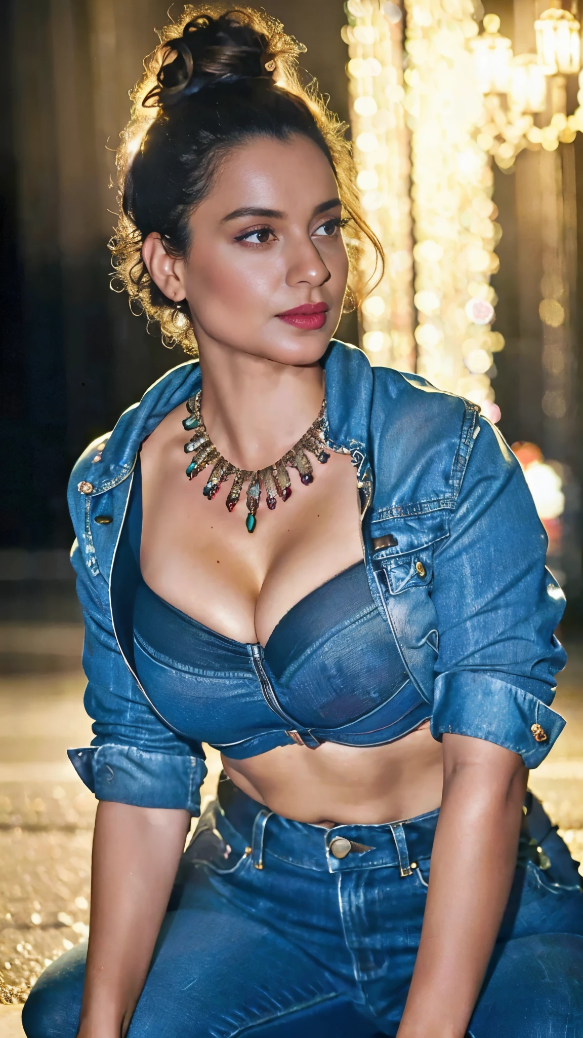 night scene, close up photo of  Kangana Ranaut, curvy, hourglass figure, swooping breasts, seductive eyes, look at viewer, doing push ups on road, necklace, areolas popping out from denim jacket, red lips, sultry, ponytail, (cinematic:1.3), intricate details, (ArtStation:1.2)