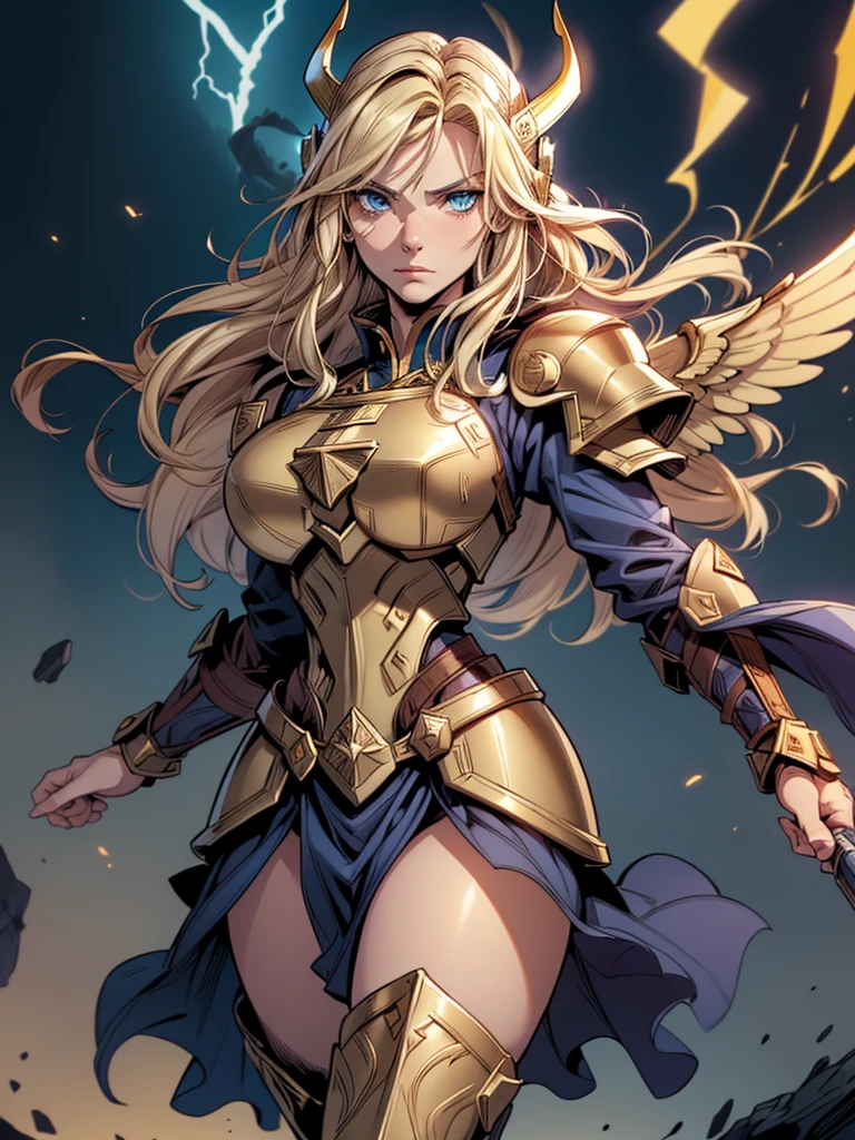 (best quality,4k,highres:1.2),dramatic comic book style,a blonde Asgardian heroine standing heroicly. She wears dark blue armor, gold trim, (((Norse helm with gold wings))), armored glove, deep v neck. stern expression. blond hair, long hair, blue eyes, (detailed eyes, detailed face), detailed hands, pretty face, round cheeks, soft face. armoured boots.casting a spell with magical energy,arcane symbols floating in the air,striking blue lightning,fierce expression,deep shadow. Arms raised in dramatic pose.