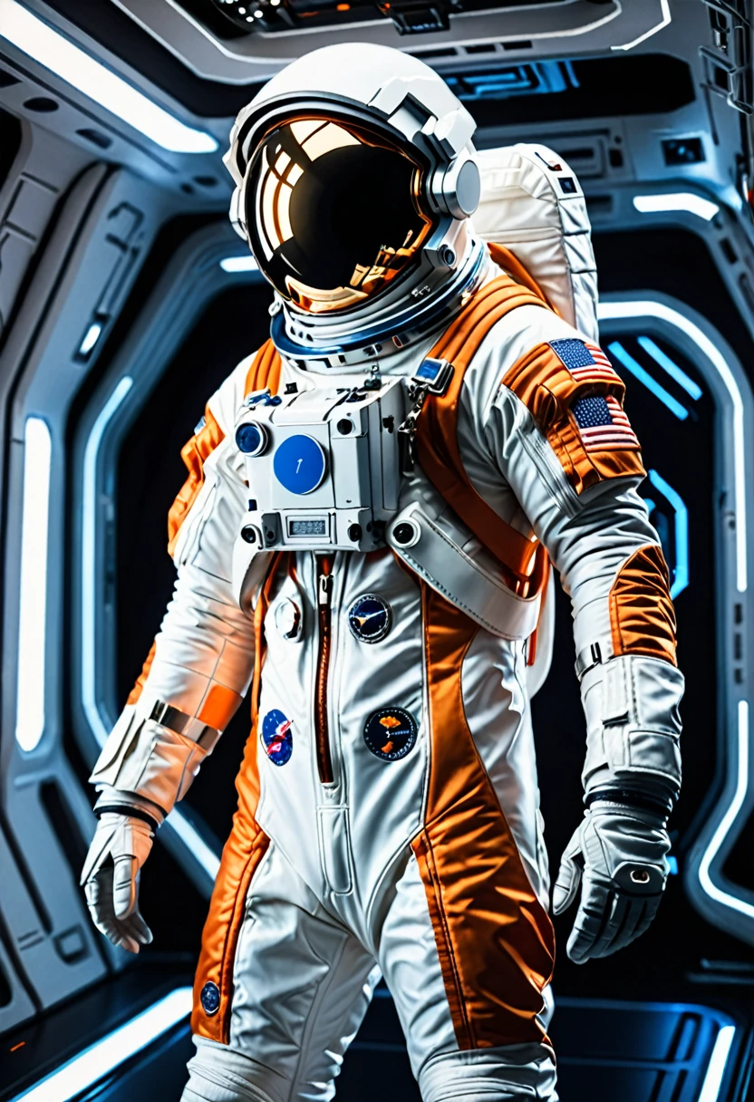 Astronaut 30 years, Metallic white orange garment detail, Cinematic, photoshooting, Half-backlight, back light, dramatic lighting , Incandescent, soft-lighting, insanely detailed and intricate, Hyper maximalist, art, which is not Gwaits's style, elegant pose, dynamic, photografic, volumetric , ultra-detailliert, intricate detials, A super-detailed masterpiece from Gwise, futuristic environment