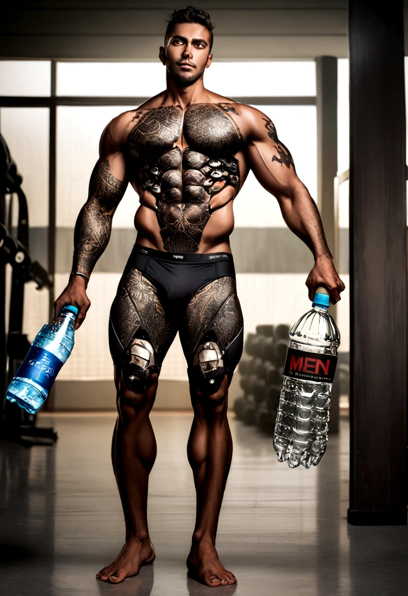 Arafian man holding a bottle of water and a bottle of ice, men's magazine model, male model, dark masculine man, man fashion photo, full body, fitness model, head and shoulders photography, underwear ads, tattoo on body and legs, cyborg parts, product advertisement for men's underwear, super strong and cool,((whole body:1.0))