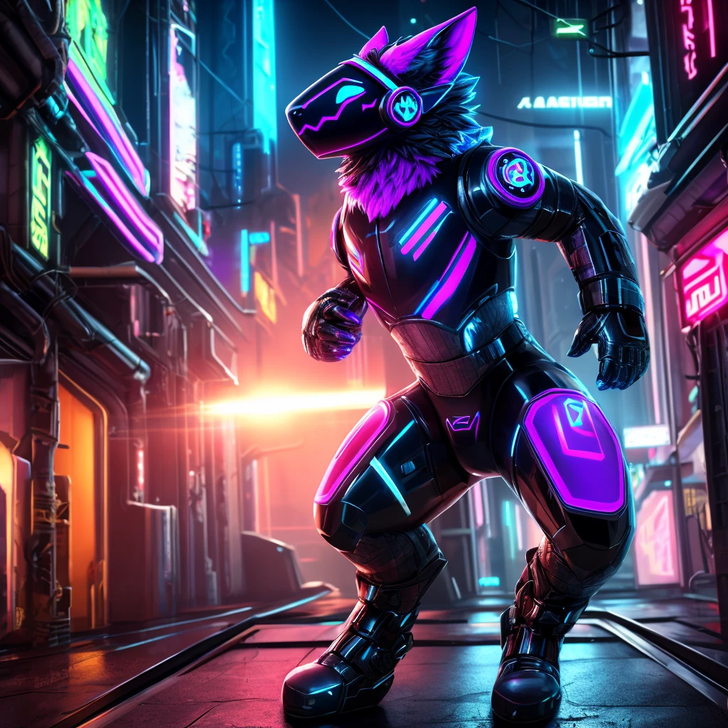 ultra-detailed cyberpunk protogen drone,highly detailed latex body,glowing purple energy core,complex mechanical details,intricate technological features,metallic accents,dynamic pose,cinematic lighting,photorealistic,8k,high resolution,masterpiece,concept art,digital art