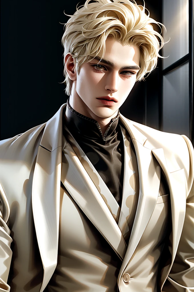 Fat, blonde hair, yellow eyes, serious sharp features, white skin, handsome, shirt, formal jacket, big body, muscular,