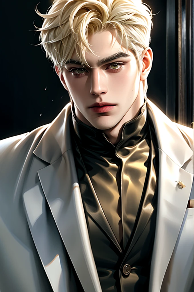 Fat, blonde hair, yellow eyes, serious sharp features, white skin, handsome, shirt, formal jacket, big body, muscular,