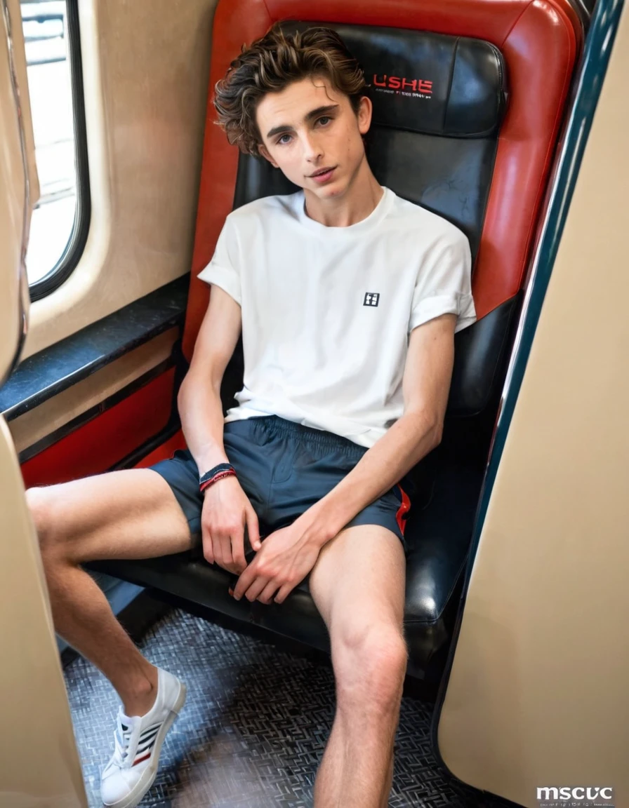 Timothée Chalamet, sweaty teen boy, in the train, in japanese luxury train, no clothing, far from camera, whole body, braces, age 19, wavy tiktok hair, boxer, bare feet, wearing no t-shirt topless, japanese red seat train, short fine armpit hair, flexing, veiny arms, cute, tall, lean, not muscular, wispy pubes, muscular teen boy masterpiece, high resolution, feet visible, no shoes, very dirty feet, skinny, tall, foot fetish, tall boy, teen boy, braces, best quality, sticky armpit hair, sticky, glue on floor, wet floor, sticky clothes, drops on underwear, drops on shorts, sticky on shorts, drops on floor, sweaty face, sweaty hair, Dune by Herbert, Science fiction