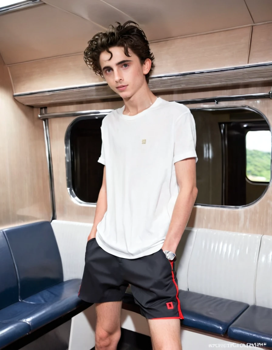 Timothée Chalamet, sweaty  boy, in the train, in japanese luxury train, no clothing, far from camera, whole body, braces, age 19, wavy tiktok hair, boxer, bare feet, wearing no t-shirt topless, japanese red seat train, short fine armpit hair, flexing, veiny arms, cute, tall, lean, not muscular, wispy pubes, muscular teen boy masterpiece, high resolution, feet visible, no shoes, very dirty feet, skinny, tall, foot fetish, tall boy, teen, braces, best quality, sticky armpit hair, sticky, glue on floor, wet floor, sticky clothes, drops on underwear, drops on shorts, sticky on shorts, drops on floor, sweaty face, sweaty hair, Dune by Herbert, Science fiction