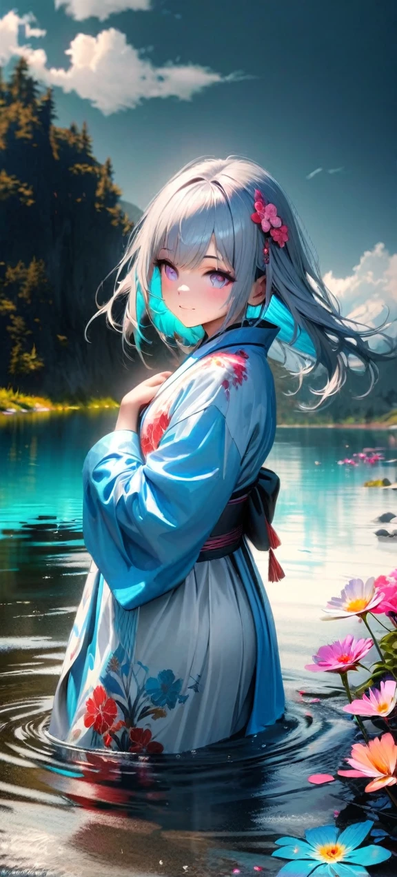 High quality, ultra realistic,absurdres, highres, ultra detailed, HDR, masterpiece, extremely detailed , beautiful colorful flowers , light blue lake , glowing , beautiful long closed kimono chibby girl on lake ,