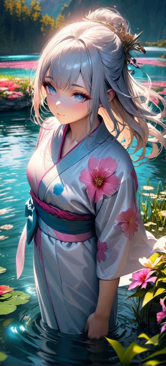  High quality, ultra realistic,absurdres, highres, ultra detailed, HDR, masterpiece, extremely detailed , beautiful colorful flowers , light blue lake , glowing , beautiful long closed kimono chibby girl on lake , 