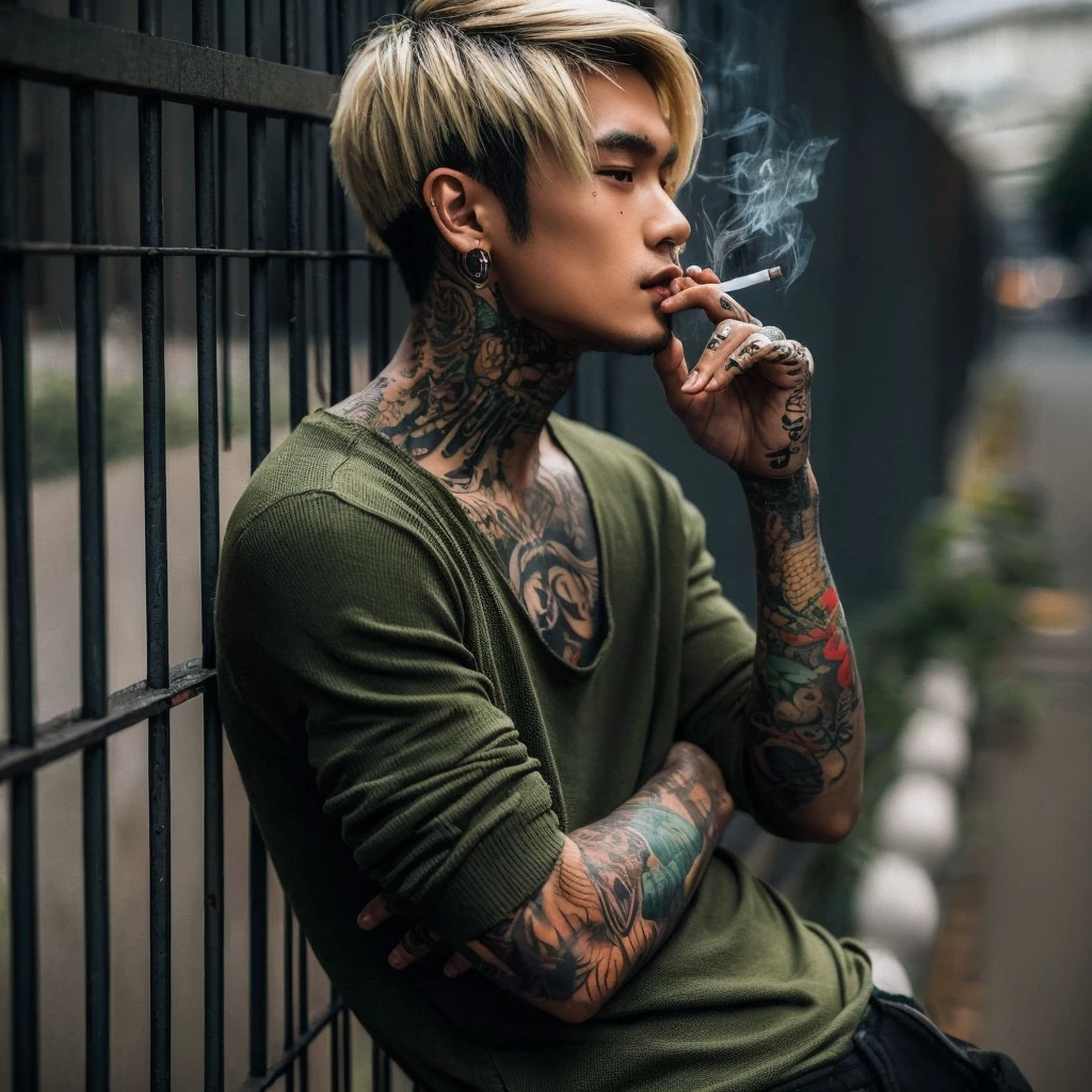 Fullbody shot of a Indonesian man tattoed in arms with black and blonde short hair in green shirt leaning on the fence while smoking, high quality portrait, editorial photography, casual photography, profile picture 1024px, photography alexey gurylev, raphael personnaz, daniel dociu, photo portrait, inspired by Elsa Bleda, mid shot portrait, editorial photograph, jakub rebelka, joel fletcher