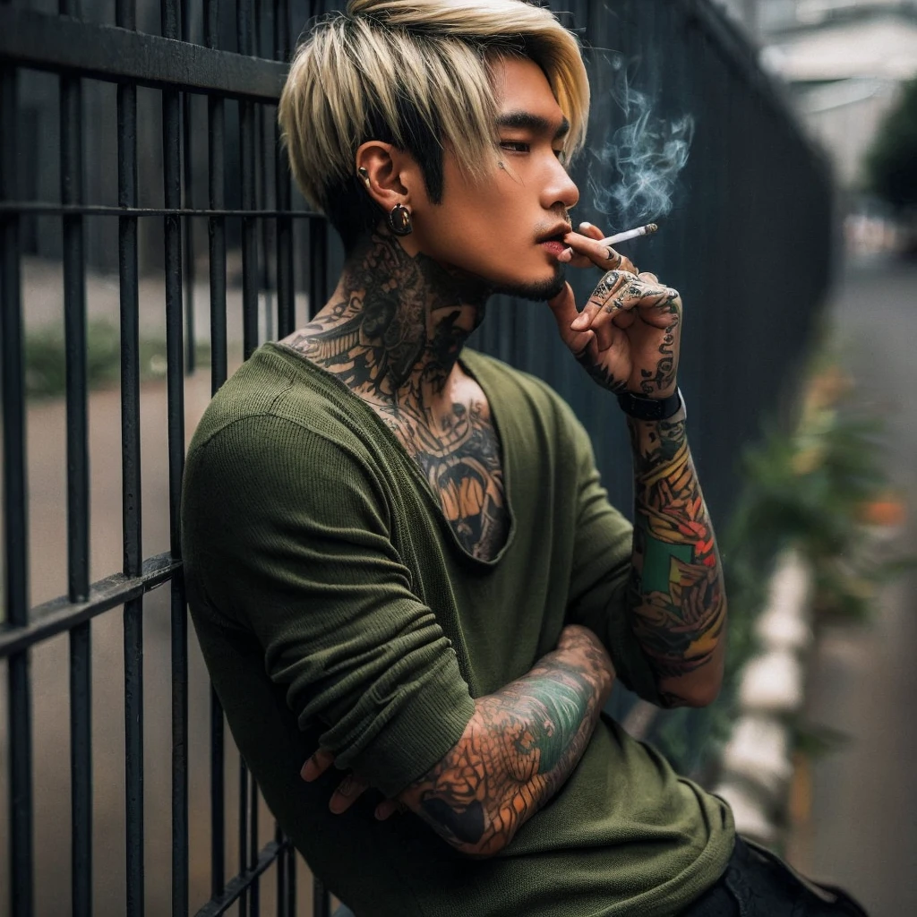 Fullbody shot of a Indonesian man tattoed in arms with black and blonde short hair in green shirt leaning on the fence while smoking, high quality portrait, editorial photography, casual photography, profile picture 1024px, photography alexey gurylev, raphael personnaz, daniel dociu, photo portrait, inspired by Elsa Bleda, mid shot portrait, editorial photograph, jakub rebelka, joel fletcher