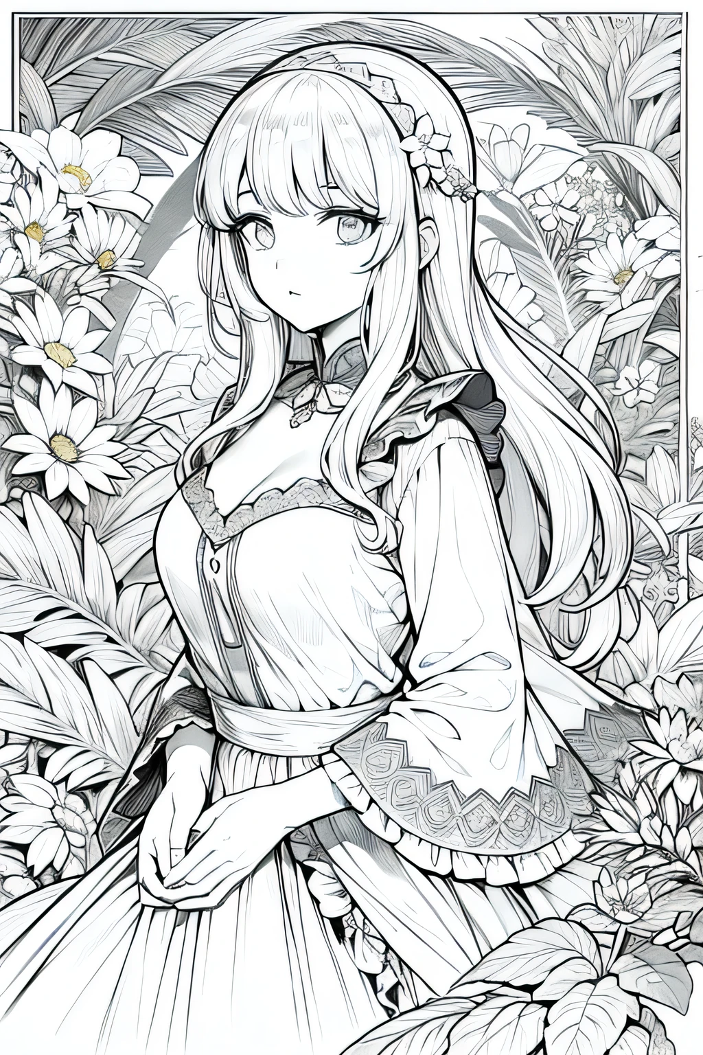 Mulher em uma floresta , primeiro plano, com arte de linha, monocromatic