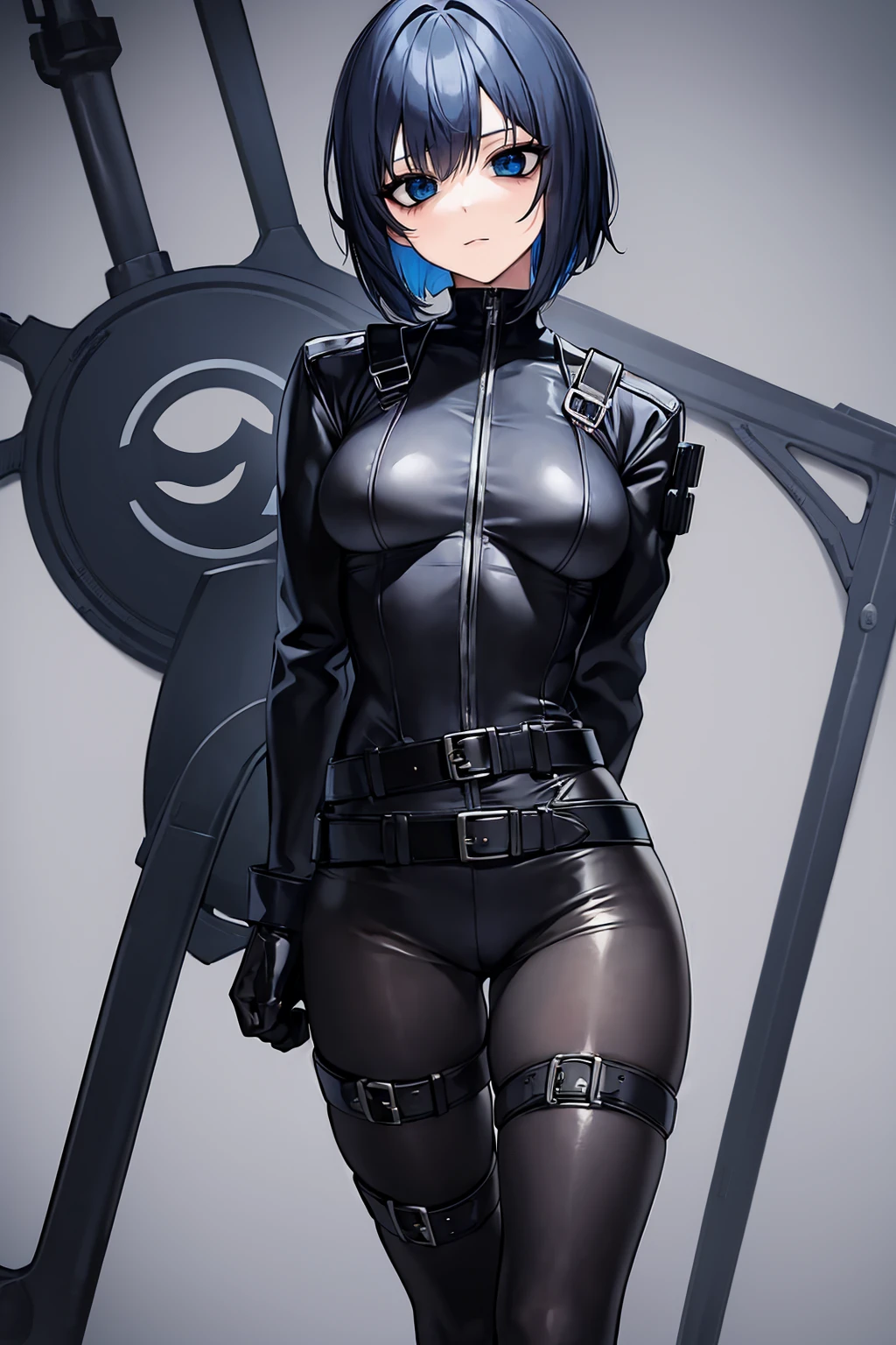 blue-hair,bob-hair,small-breast,black-pantyhose,black-bodysuit,black-glove,black-boots,blue-hair,bob-hair,,crtoch-tatto,black-plugsuit,black-belt