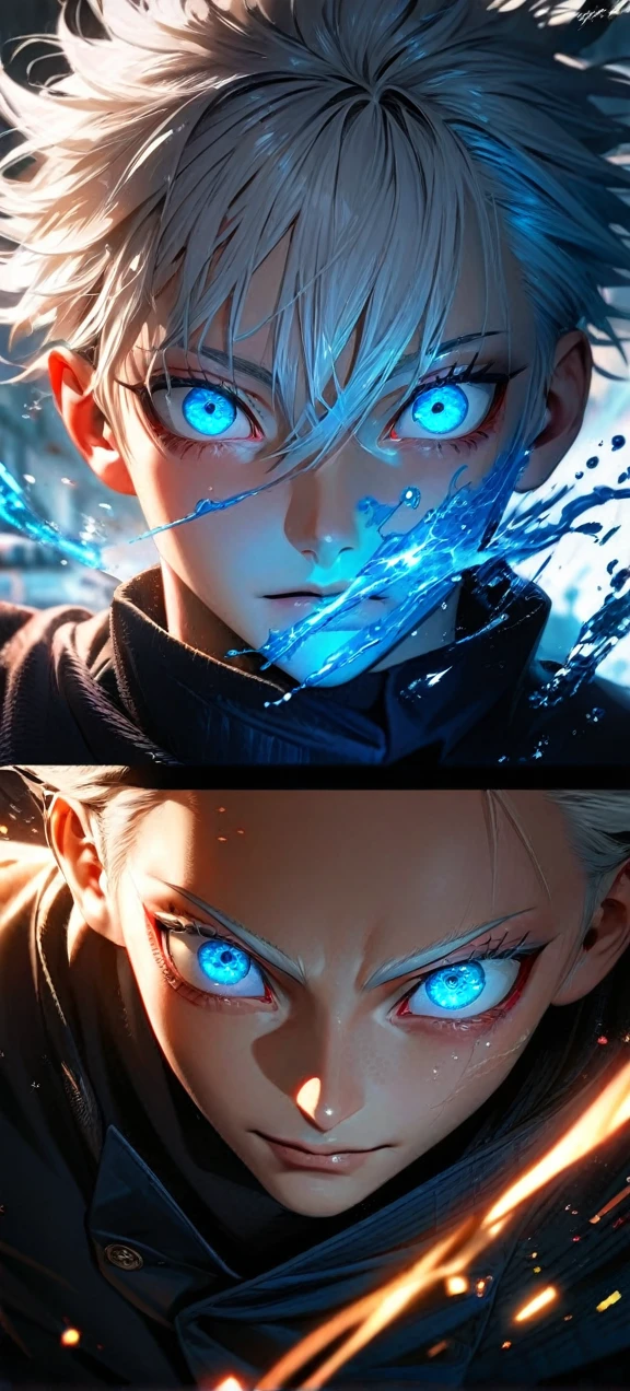 High quality, ultra realistic,absurdres, highres, ultra detailed, HDR, masterpiece, extremely detailed face and eyes, Gojo satoru , jujutsu kaisen,, white hair ,black shirt , solo, ,man, handsome, ,white eyeleshes, blue eyes , Epic fight scene, blue splashing effect,blue lightning effect,glowing glitters , close up,cool eyes, symetrical